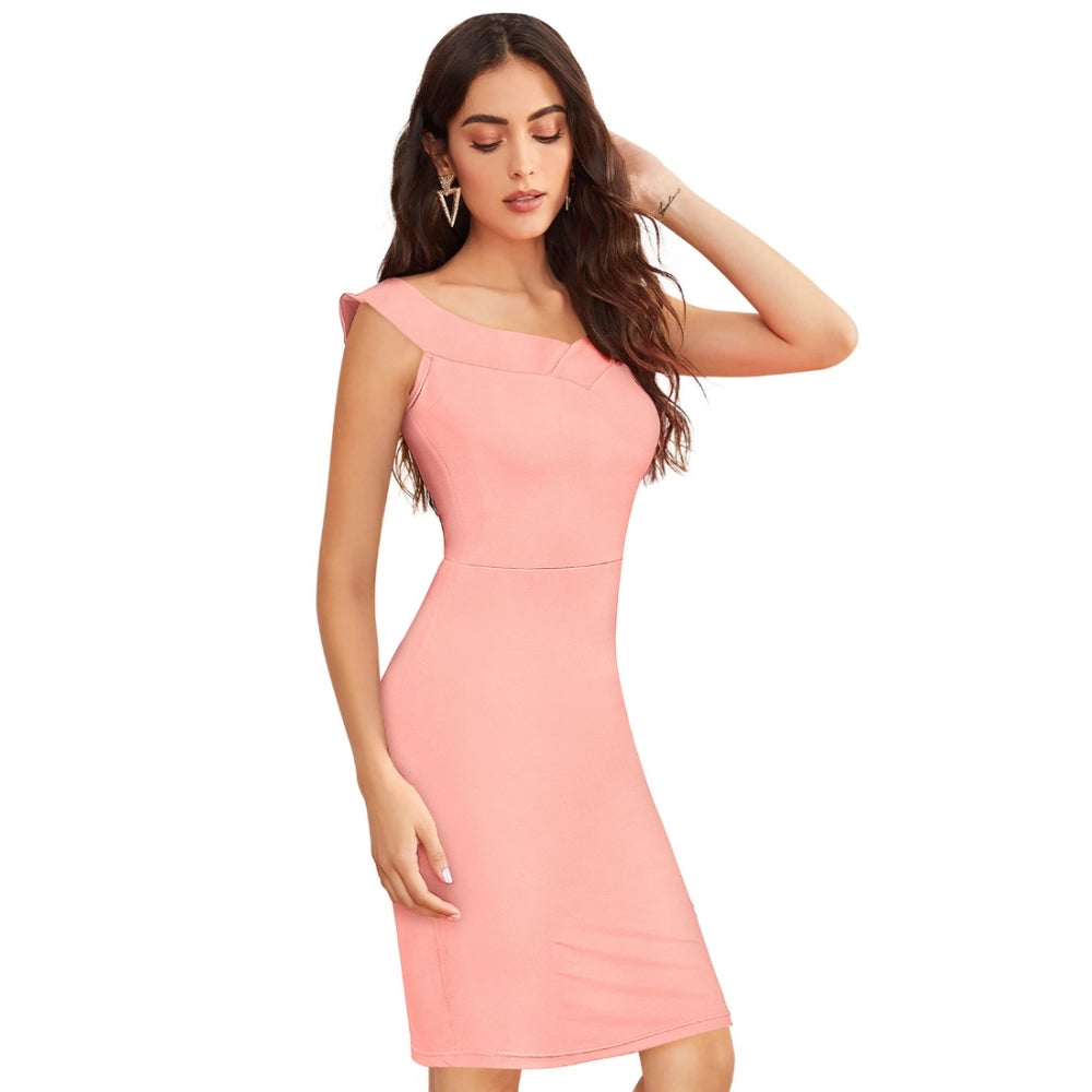 Women's Knitting Stretchable Solid Round Neck Sleeveless Dress — Peach