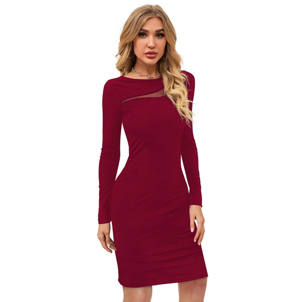 Women's Knitting Stretchable Solid Round Neck Full Sleeve Dress — Maroon · on_L