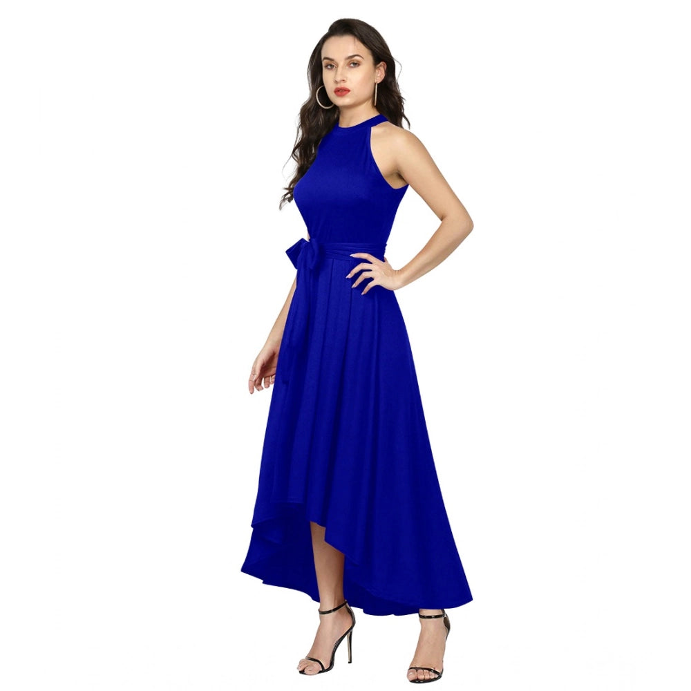 Women's Polyster Solid Halter Neck Sleeveless Dress — Royal Blue
