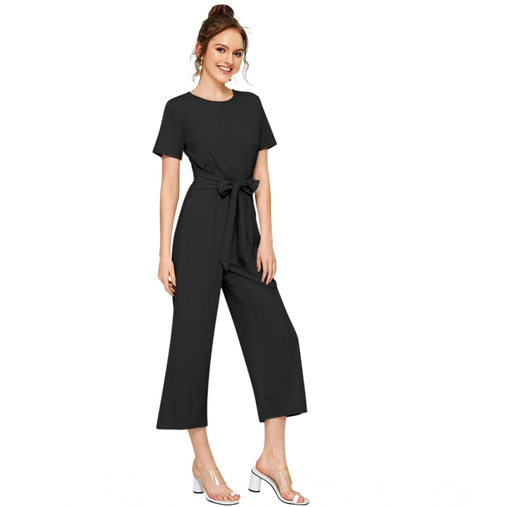 Women's Knitting Stretchable Solid Round Neck Cap Sleeve Jumpsuit — Black