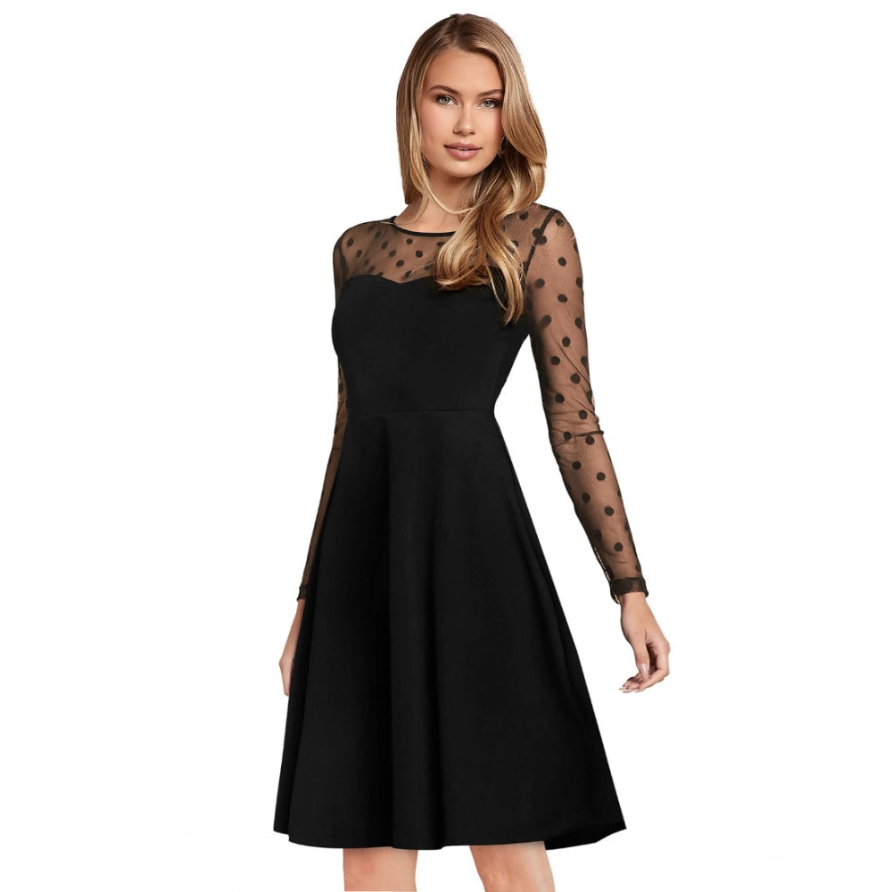 Women's Knitting Stretchable Solid Round Neck Full Sleeve Dress — Black · lk_L