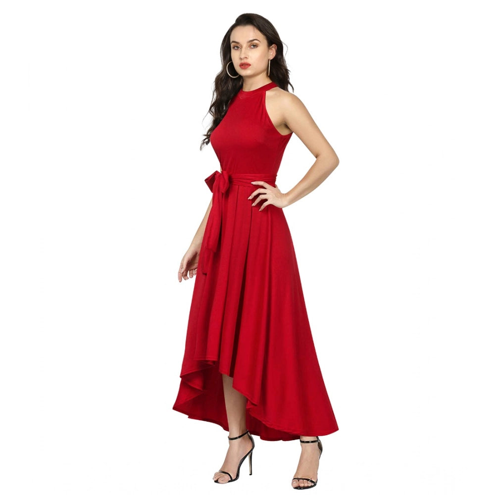 Women's Polyster Solid Halter Neck Sleeveless Dress — Red