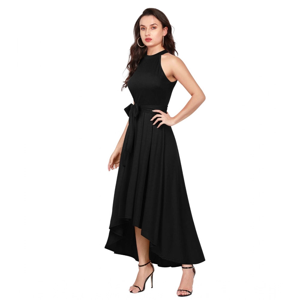 Women's Polyster Solid Halter Neck Sleeveless Dress — Black