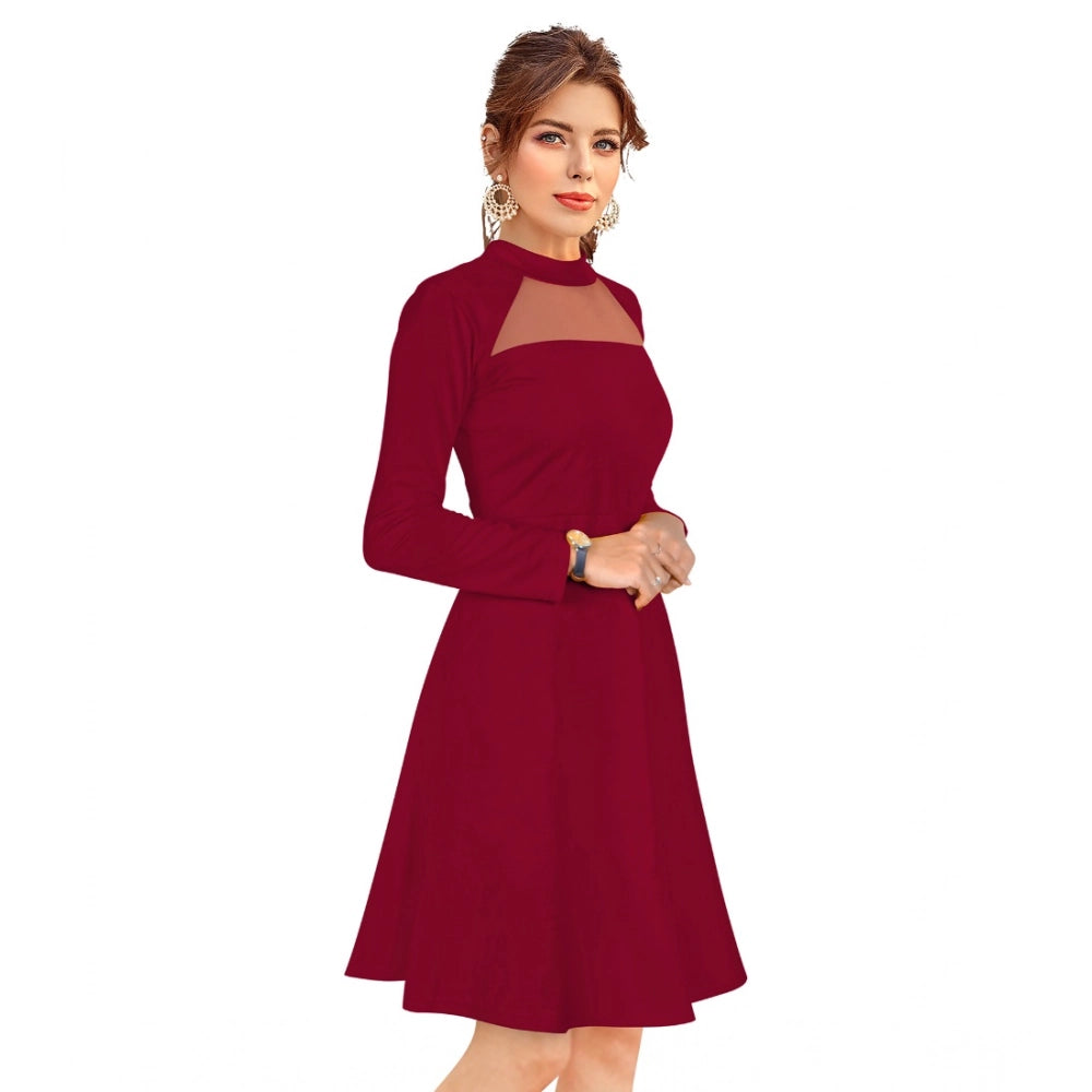 Women's Knitting Stretchable Solid Round Neck Full Sleeve Dress — Maroon · on_L