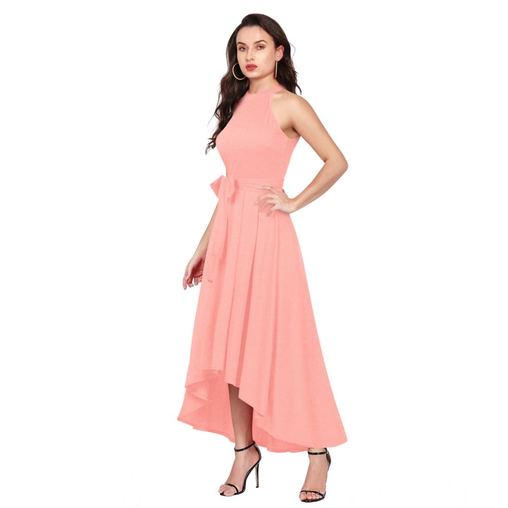 Women's Polyster Solid Halter Neck Sleeveless Dress — Peach