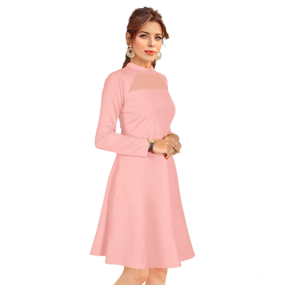Women's Knitting Stretchable Solid Round Neck Full Sleeve Dress — Peach · ch_L