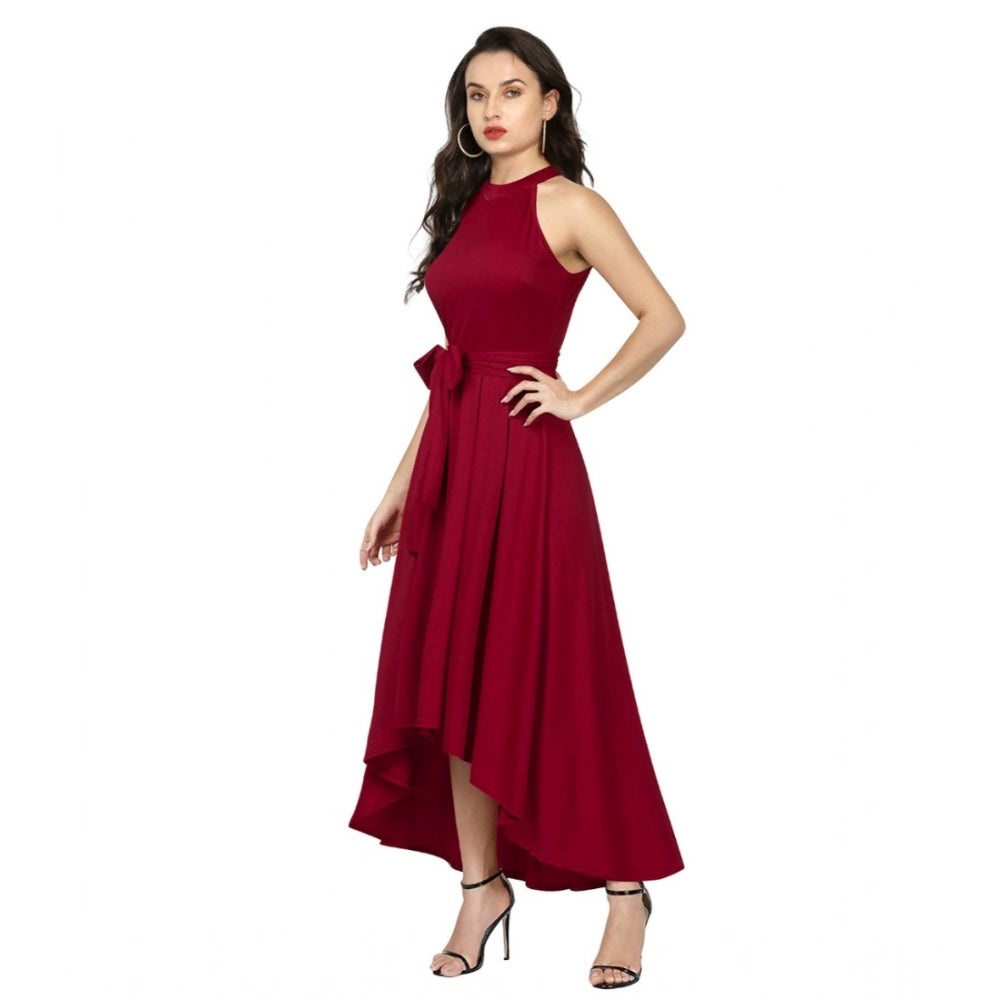 Women's Polyster Solid Halter Neck Sleeveless Dress — Maroon