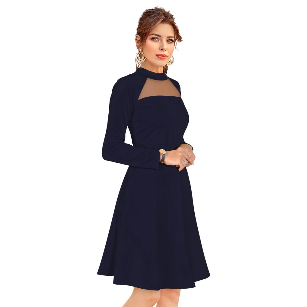 Women's Knitting Stretchable Solid Round Neck Full Sleeve Dress — Blue · le_L