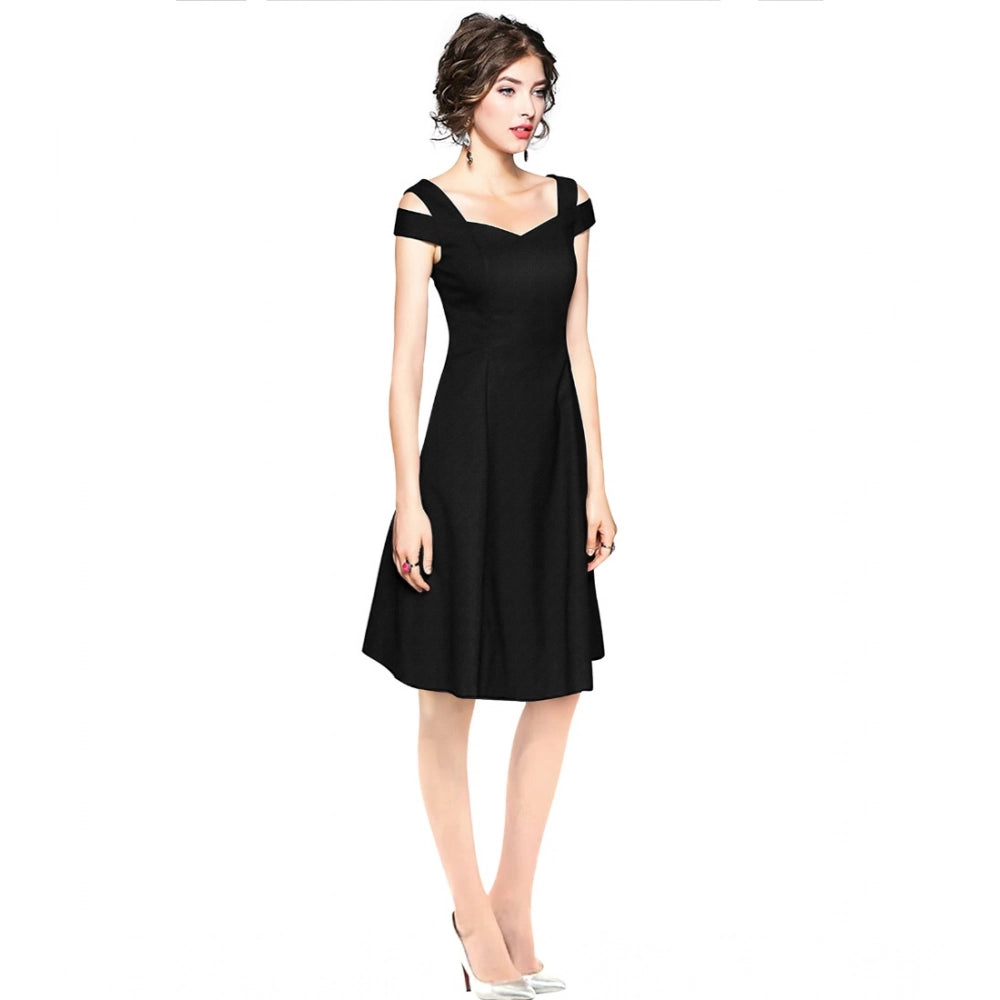 Women's Solid V Neck Cap Sleeve Off Shoulder Dress — Black