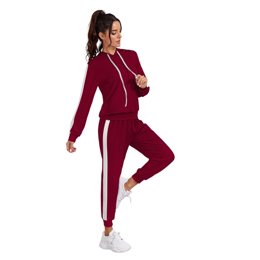 Women's Knitting Stretchable Solid Hooded Neck Full Sleeve Track — Maroon