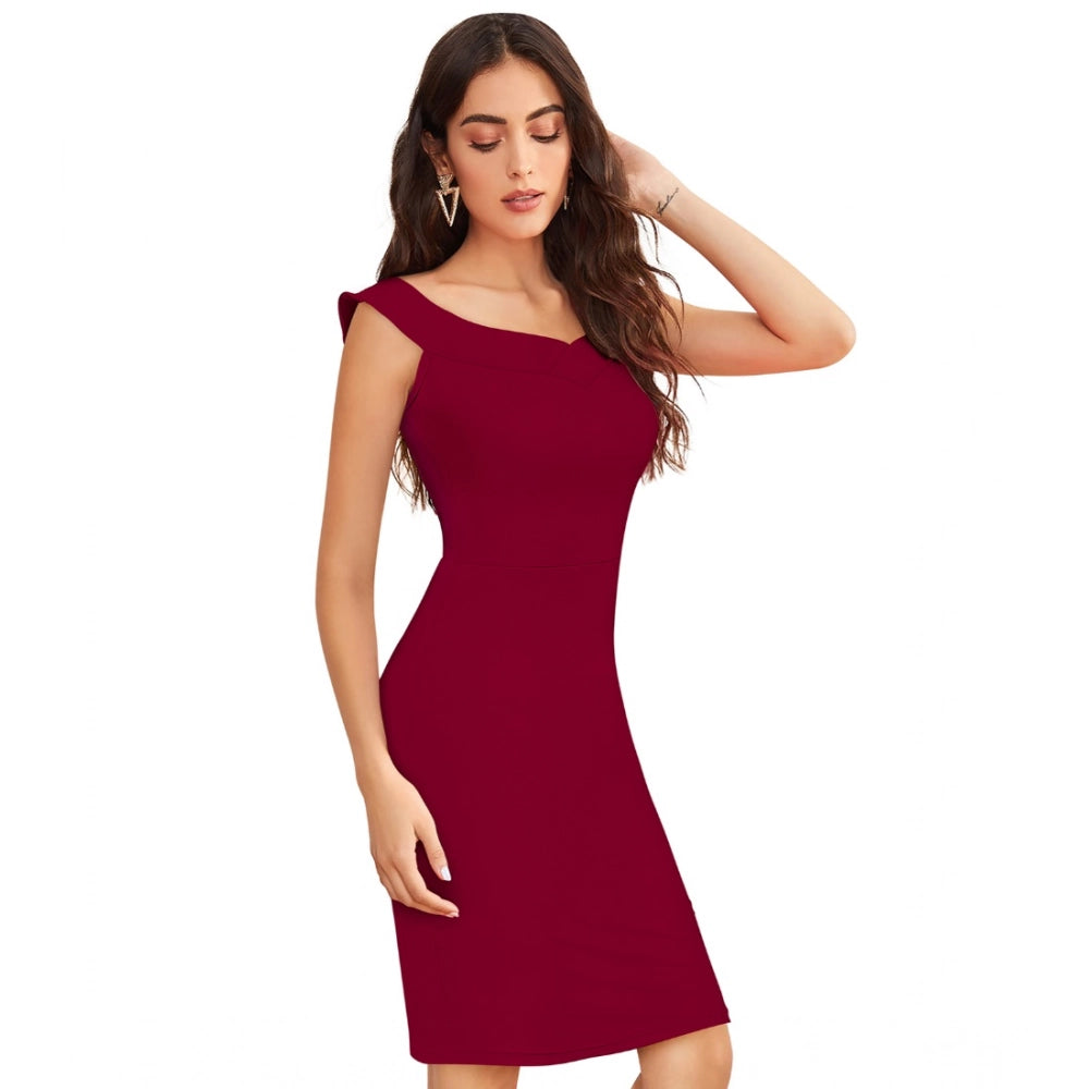 Women's Knitting Stretchable Solid Round Neck Sleeveless Dress — Maroon · on_L