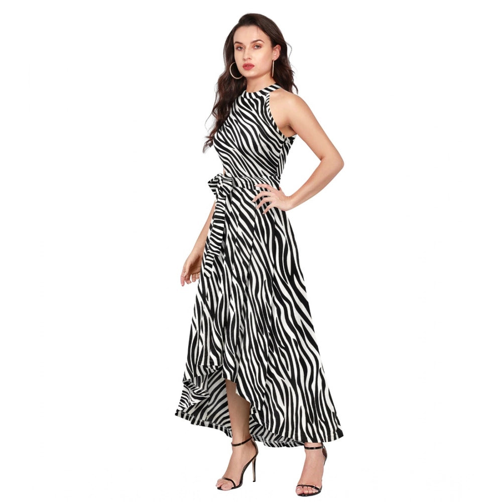 Women's Zebra Pattern Halter Neck Sleeveless Dress — White
