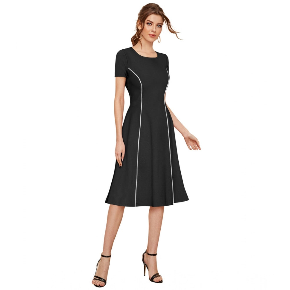 Women's Knitting Stretchable Solid Round Neck Cap Sleeve Dress — Black