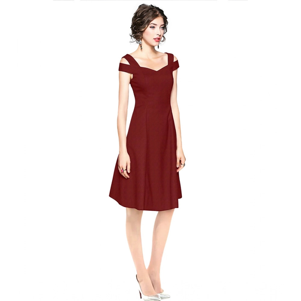 Women's Solid V Neck Cap Sleeve Off Shoulder Dress — Maroon