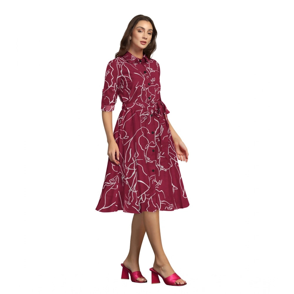 Women's Ruby Cotton Printed Shirt Collar 3-4th Sleeve Dress — Maroon