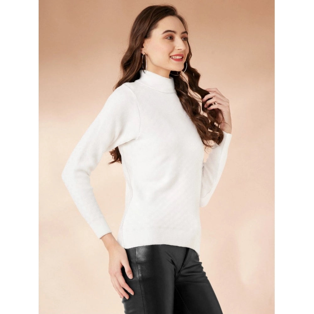 Women's Solid High Neck Full Sleeve T-Shirt — White