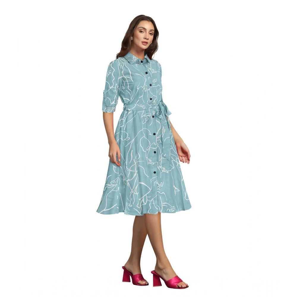 Women's Ruby Cotton Printed Shirt Collar 3-4th Sleeve Dress — Pista
