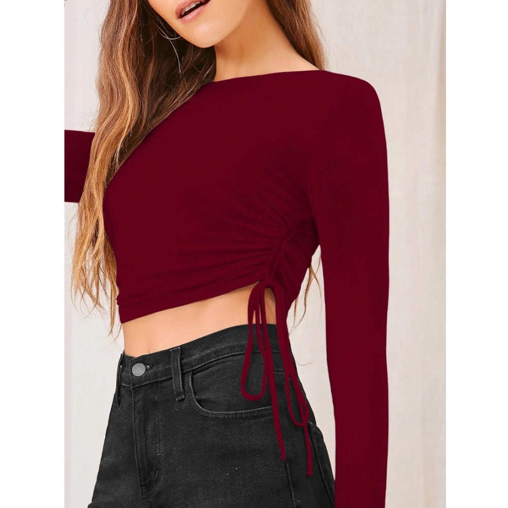 Women's Solid Round Neck Full Sleeve Top — Maroon