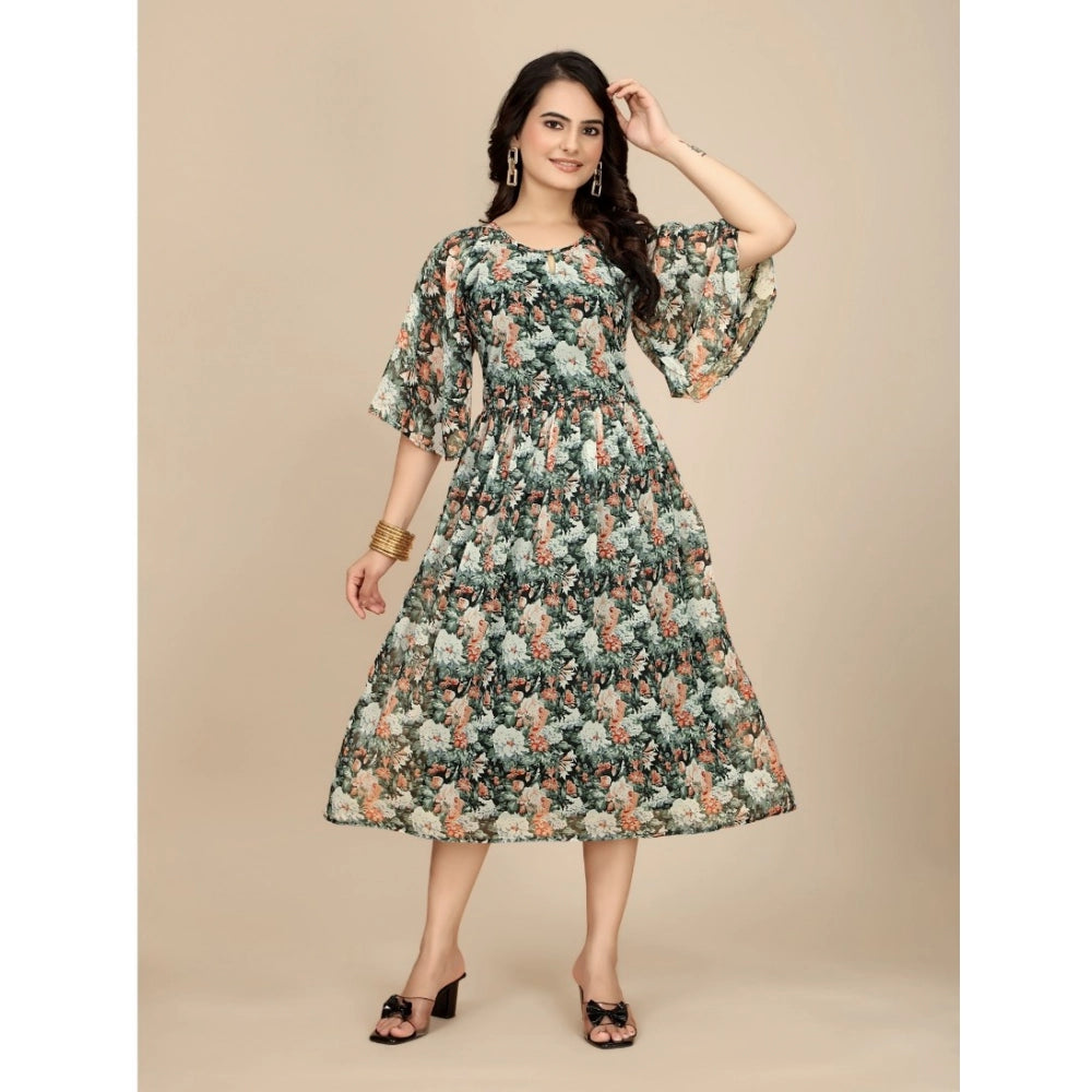 Women's Georgette Printed Round Neck Short Sleeve Dress — Black