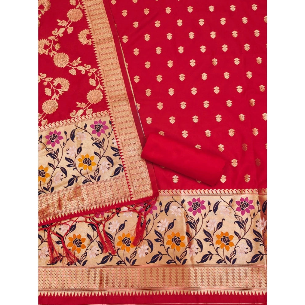 Women's Banarasi Silk Printed Unstitched Salwar Suit Material — Red · _Red