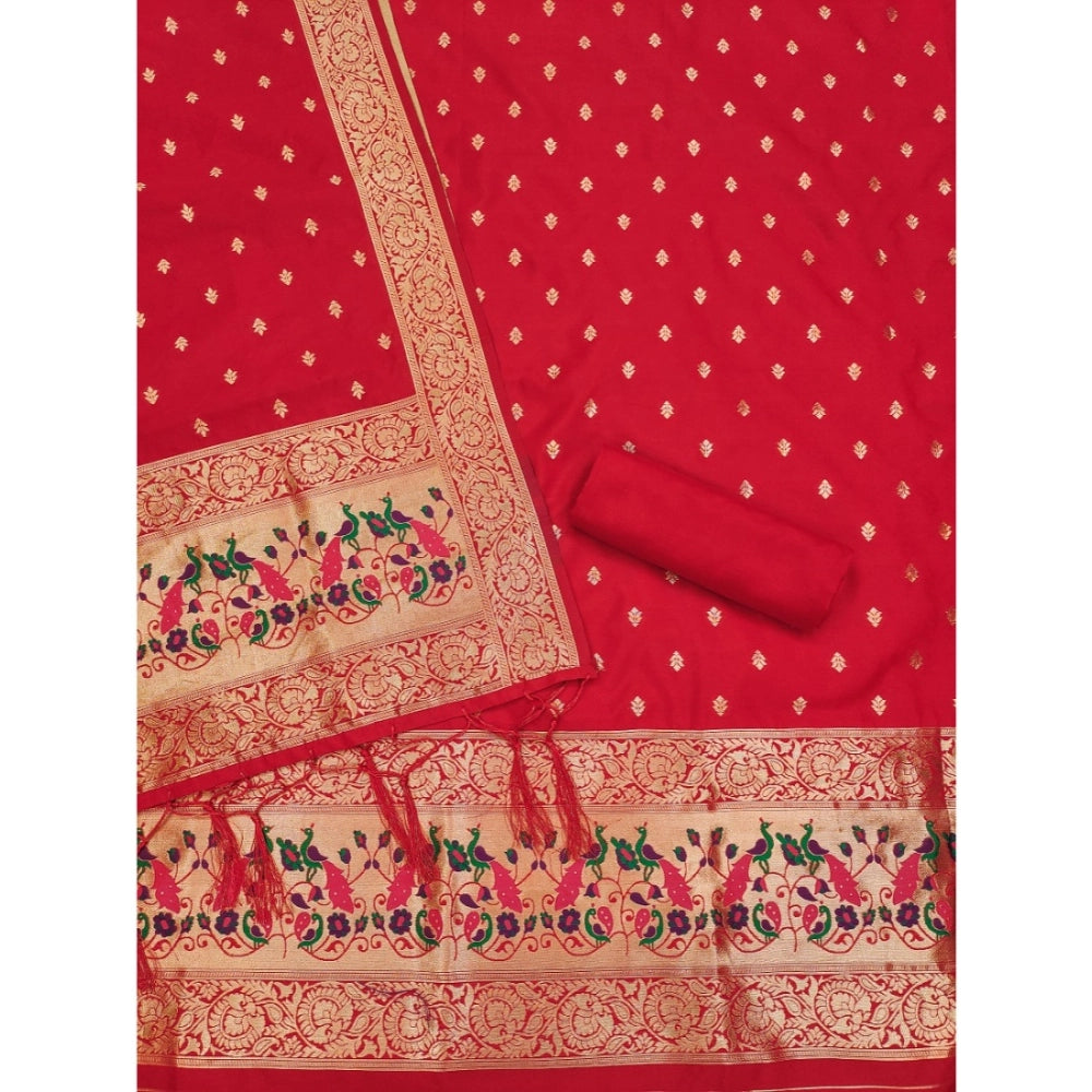 Women's Banarasi Silk Printed Unstitched Salwar Suit Material — Red · _Red