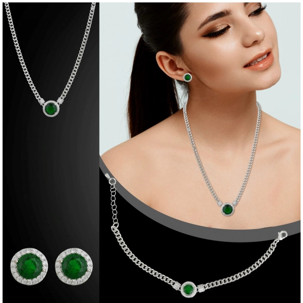 Women's Stainless Steel Green Color Silver Chain Western Combo — Silver Plated