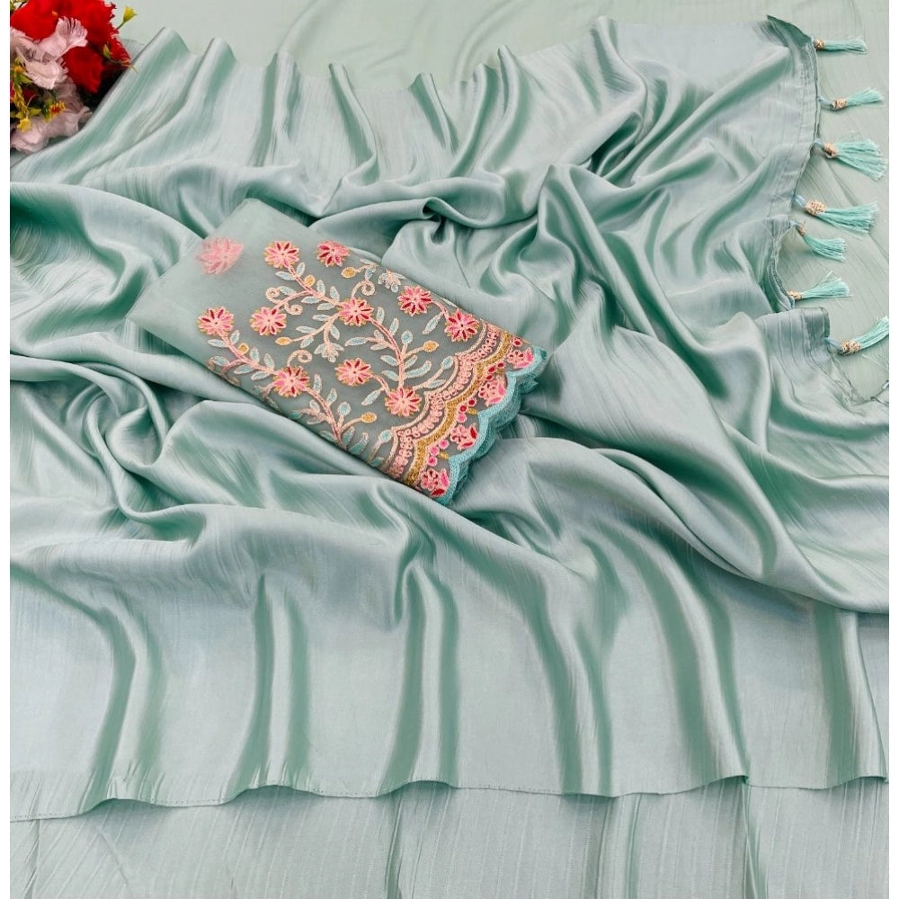 Women's Satin Solid Saree — Skyblue · kblu