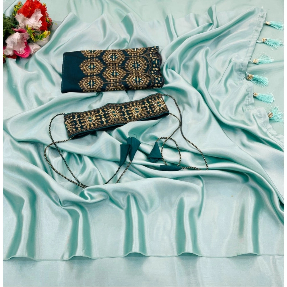 Women's Satin Solid Saree — Skyblue · kblu