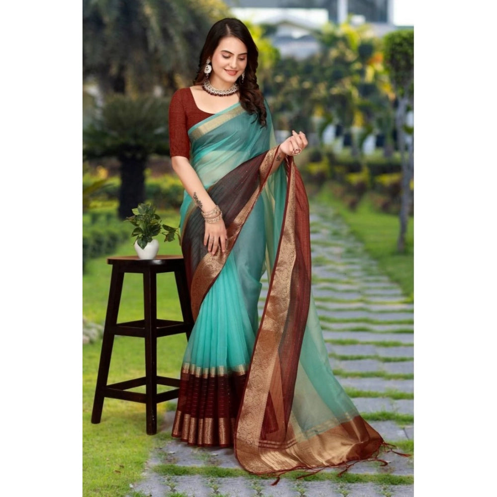Women's Khadi Cotton Solid Saree — Sky Blue