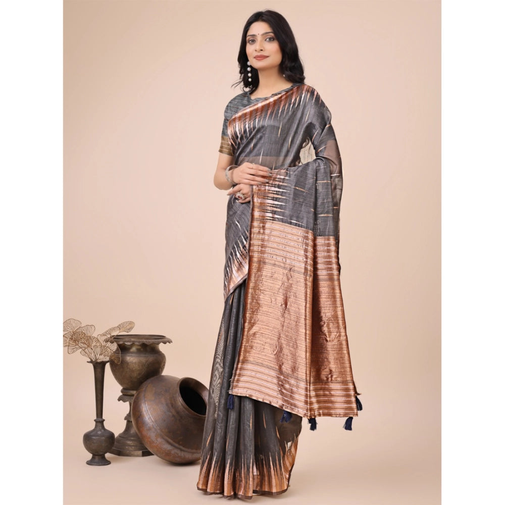 Women's Linen Cotton Printed Saree — Grey · 1001