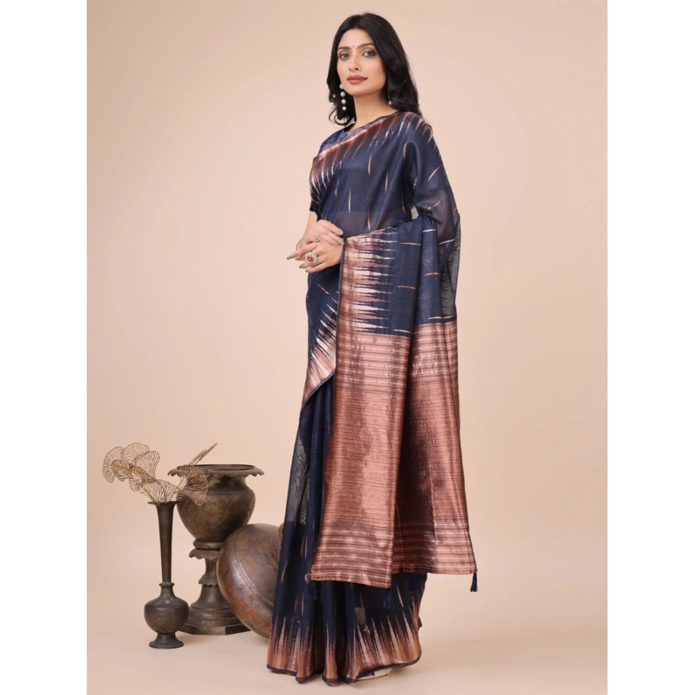 Women's Linen Cotton Printed Saree — Navy Blue · 1004