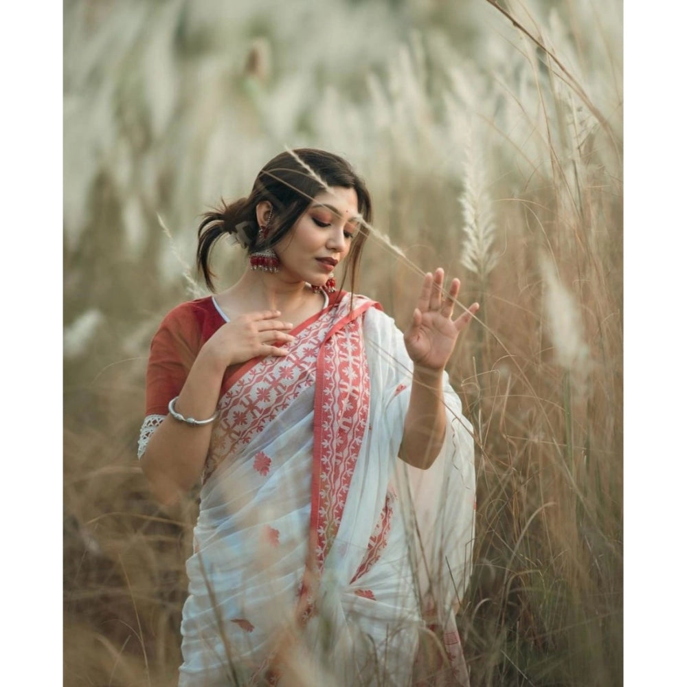 Women's Cotton Printed Saree — White-Red