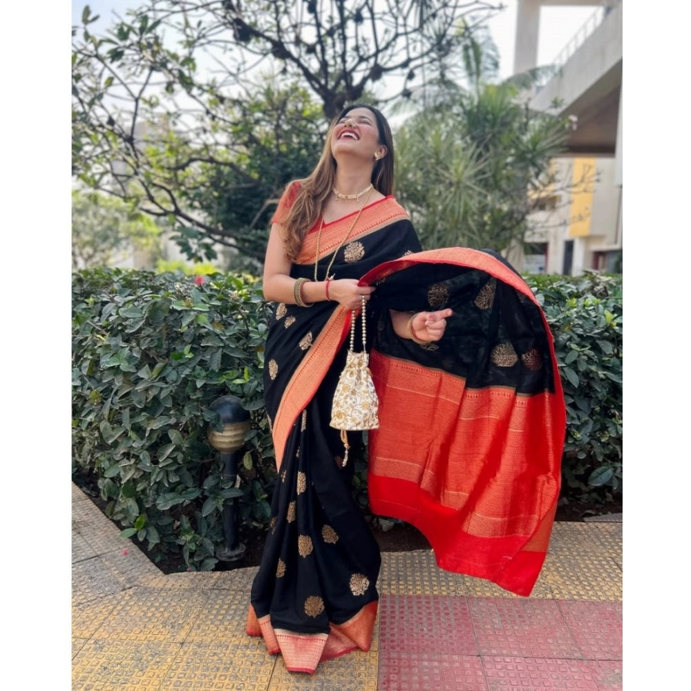 Women's Silk Printed Saree — Black-Red