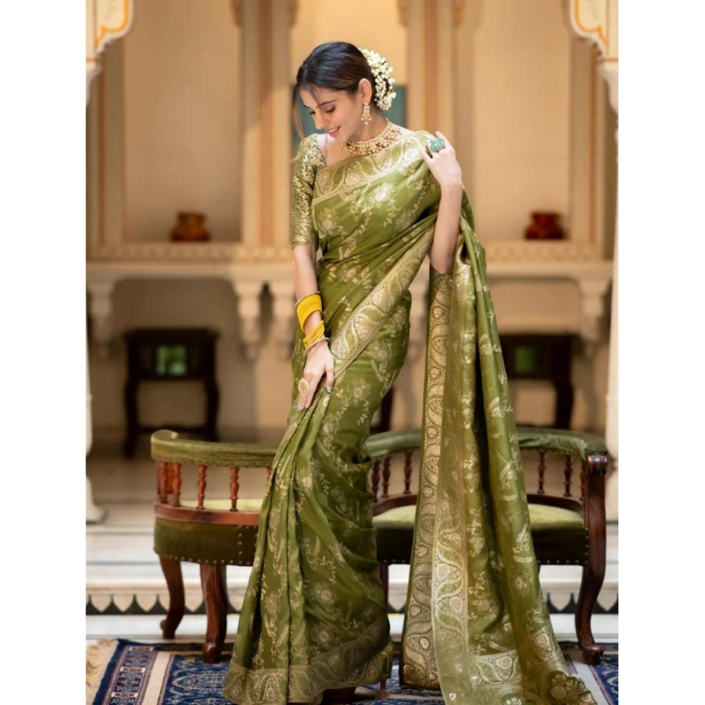 Women's Silk Printed Saree — Olive Green