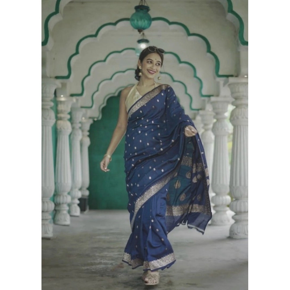 Women's Cotton Printed Saree — Navy Blue · _Ble