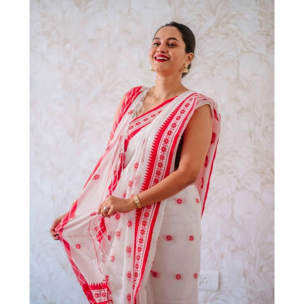 Women's Cotton Printed Saree — White-Pink