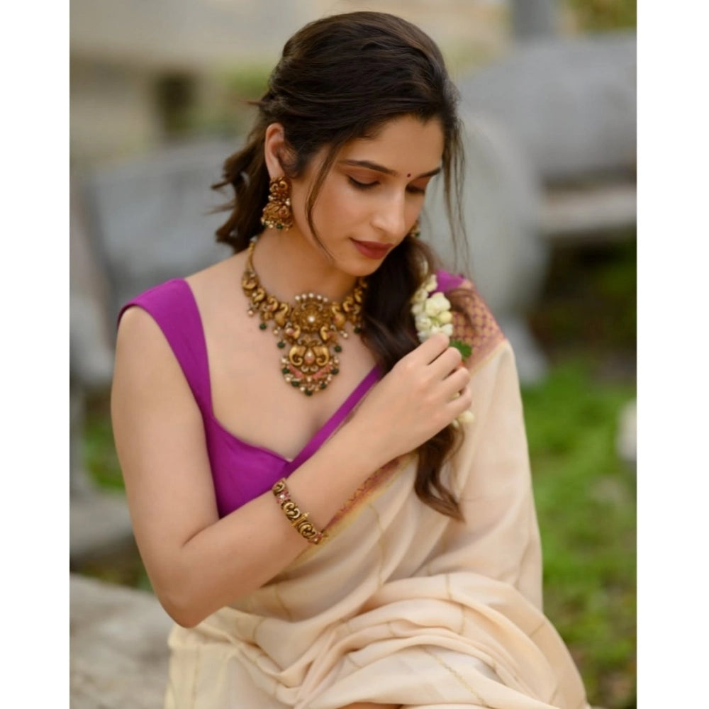 Women's Silk Printed Saree — Off White-Pink