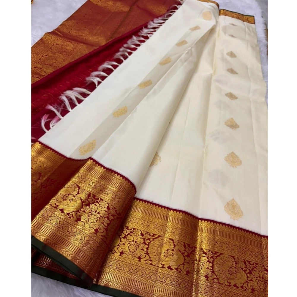 Women's Silk Printed Saree — Off White-Red