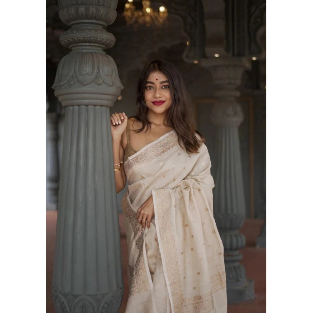 Women's Cotton Printed Saree — Cream · _Crm