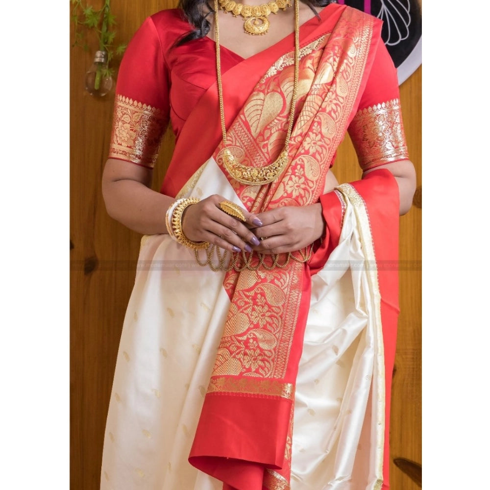Women's Silk Printed Saree — White-Red