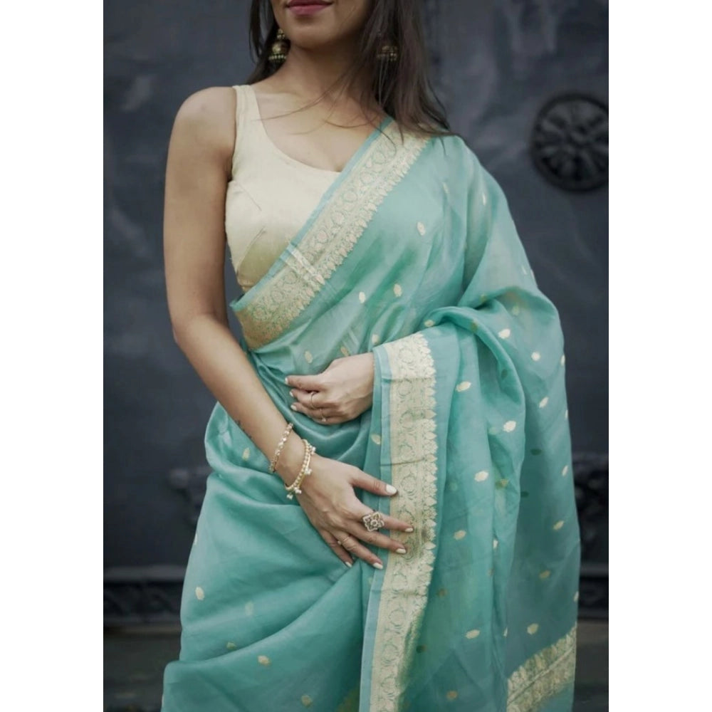Women's Cotton Printed Saree — Sky