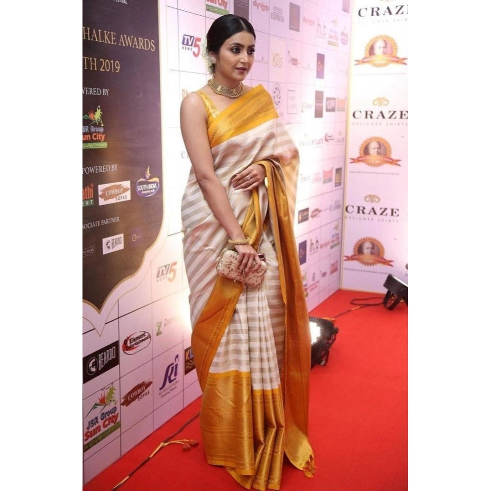 Women's Silk Printed Saree — Off White-Yellow