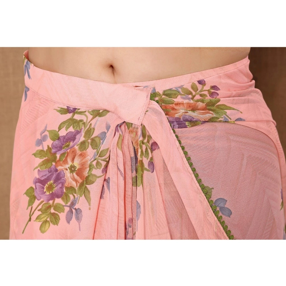 Women's Small Lace Georgette Printed Ready-To-Wear Saree — Peach