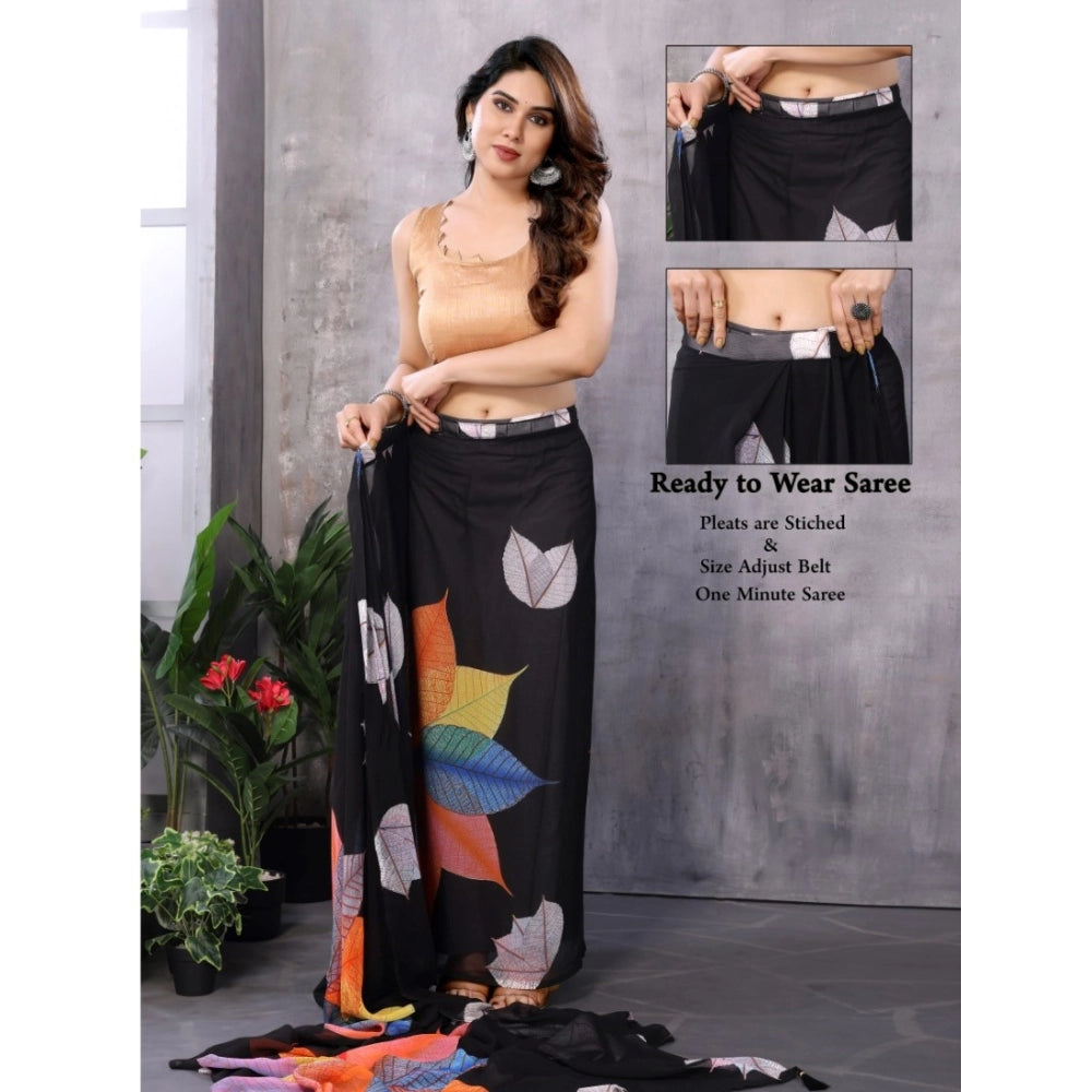 Women's Small Lace Georgette Printed Ready-To-Wear Saree — Black · _Blk
