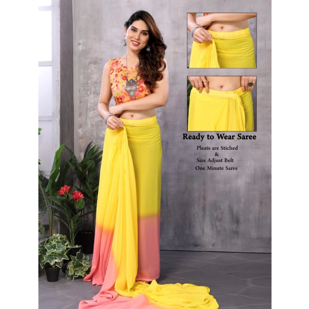 Women's Small Lace Georgette Solid Ready-To-Wear Saree — Pink-Yellow