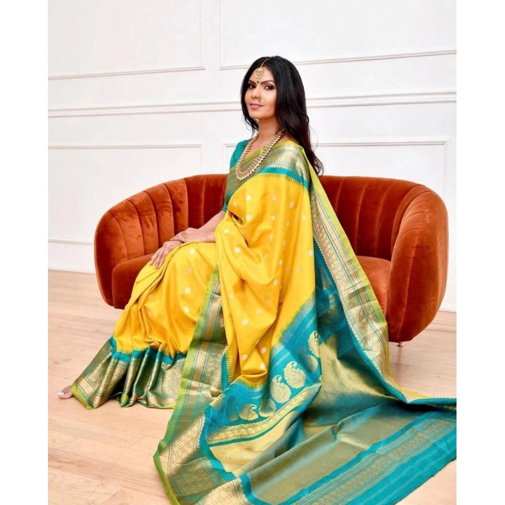 Women's Soft Lichi Silk Printed Saree — Yellow · 3Ylw