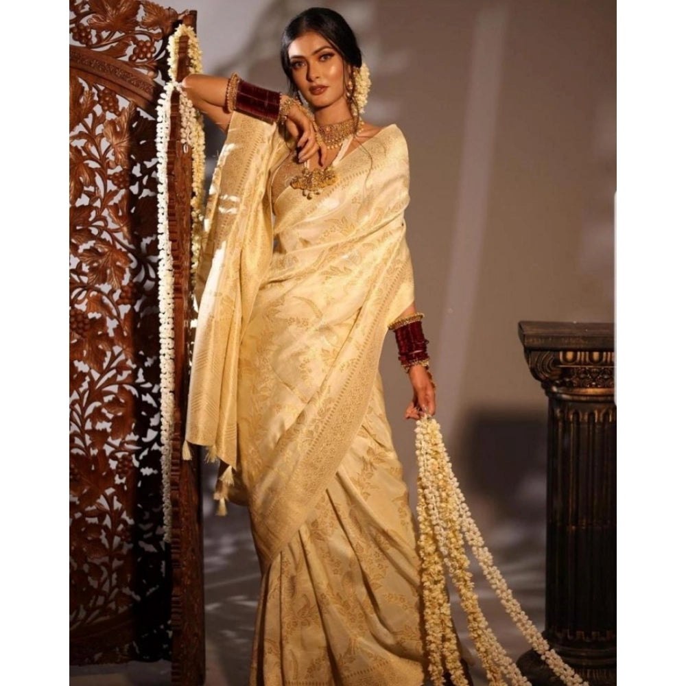 Women's Soft Lichi Silk Printed Saree — Golden