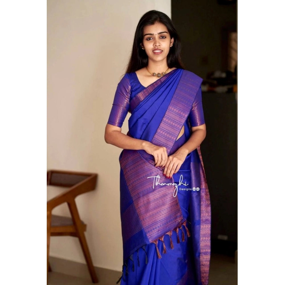 Women's Soft Lichi Silk Solid Saree — Blue · 92Bl