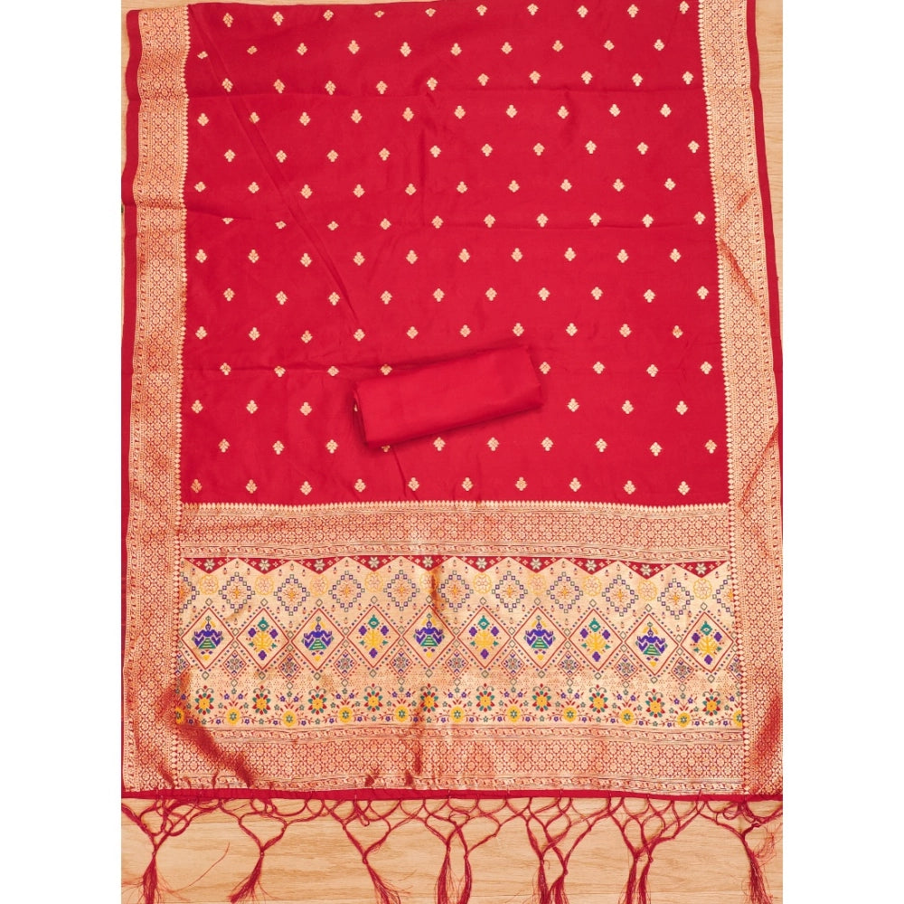 Women's Banarasi Silk Printed Unstitched Salwar Suit Material — Red · 4_Rd