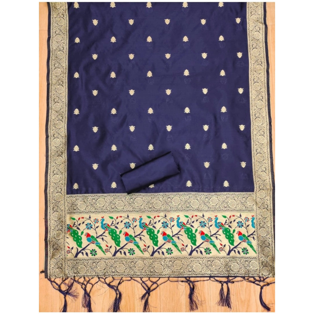 Women's Banarasi Silk Printed Unstitched Salwar Suit Material — Navy Blue · Nble